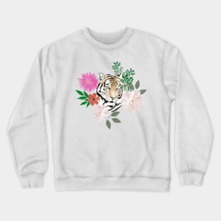 Pretty White Pink Tiger Floral Painting Crewneck Sweatshirt